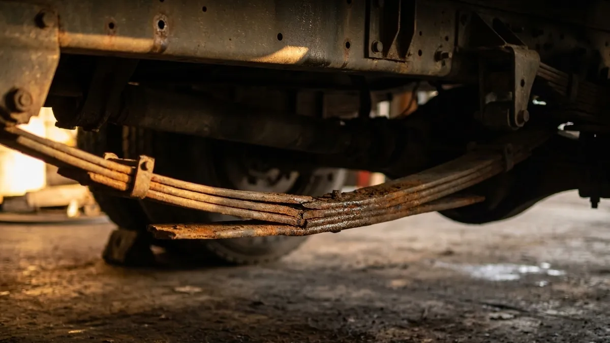 Cracked and rusted heavy truck leaf spring under a loaded vehicle