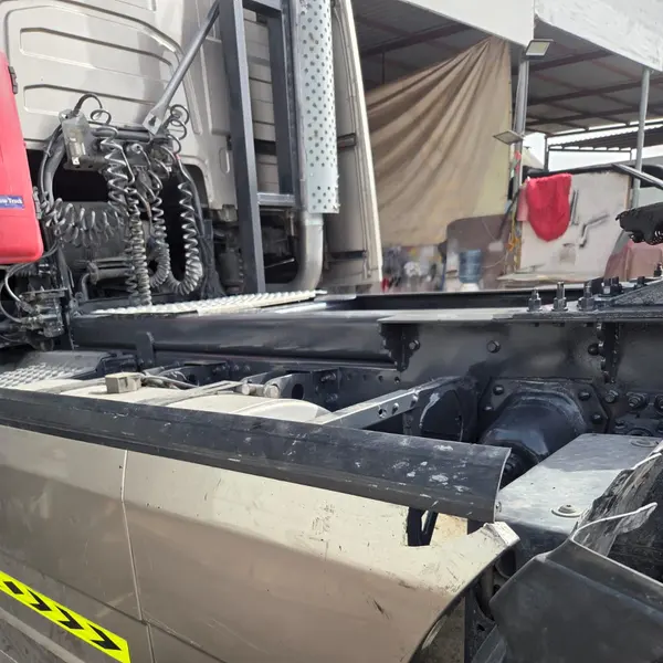 Truck chassis and side skirt work in the workshop