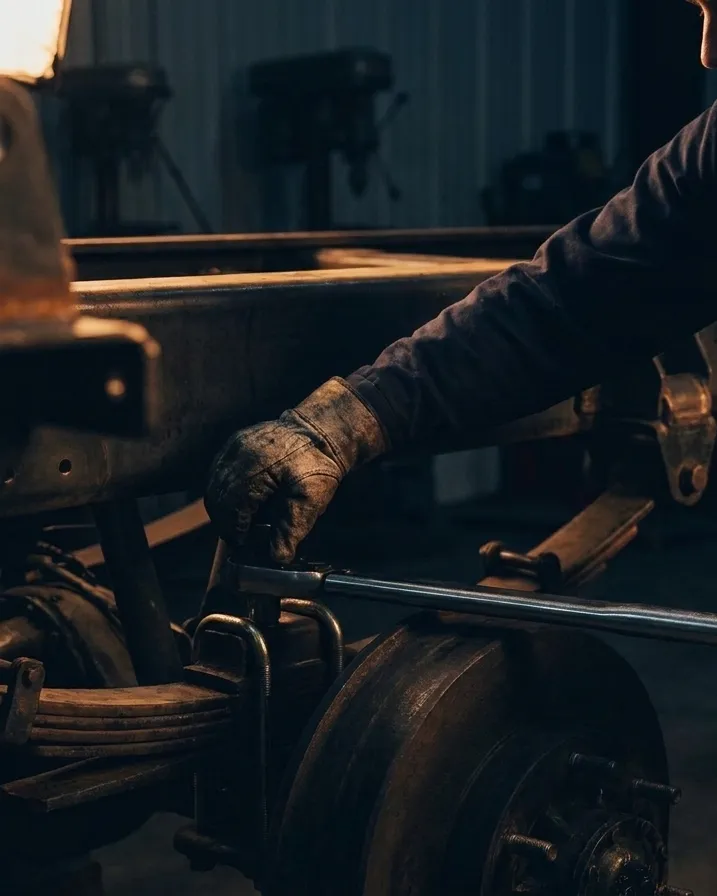 Mechanic tightening a U-bolt on a truck leaf spring